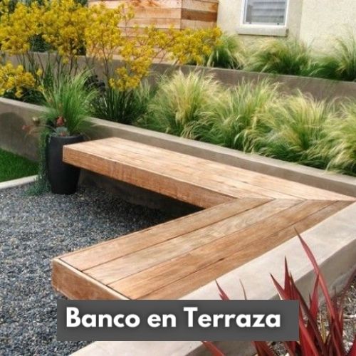 mueble tipo banco de cementoy madera en terraza