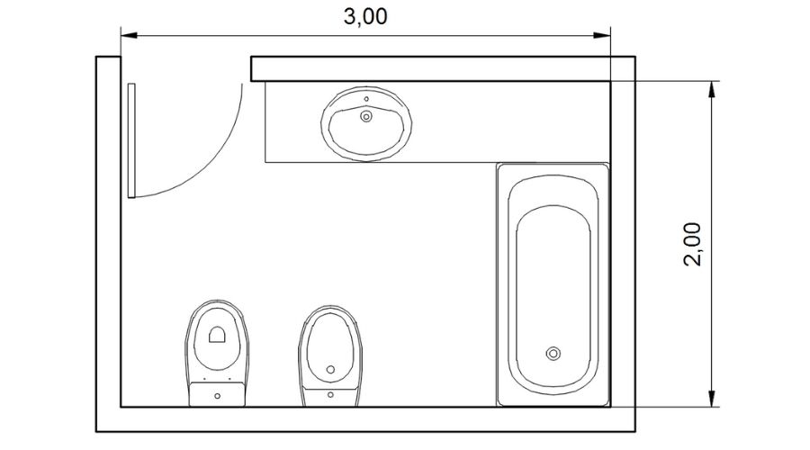 plano de distribucion de un baño de 3x2 mts
